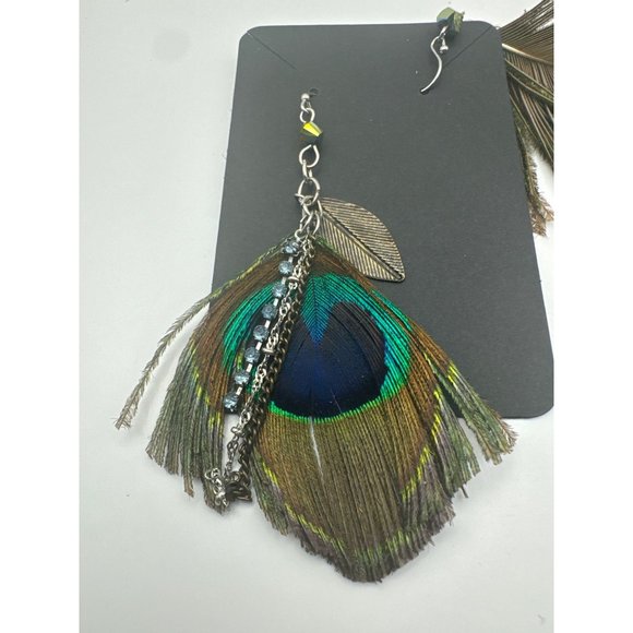 Boho Y2K Peacock Feather Long Dangle Earrings with Hook Ear Wires - Picture 2 of 4
